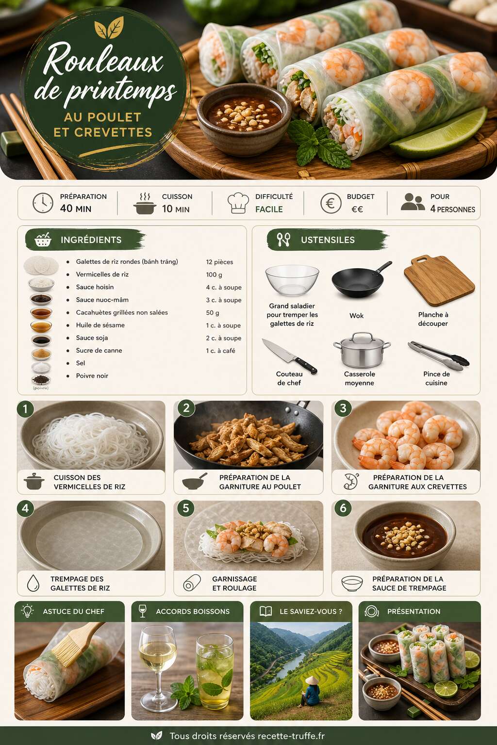 Fiche recette Rouleaux de printemps au poulet et crevettes : recette facile et savoureuse Fiche recette Rouleaux de printemps au poulet et crevettes : recette facile et savoureuse