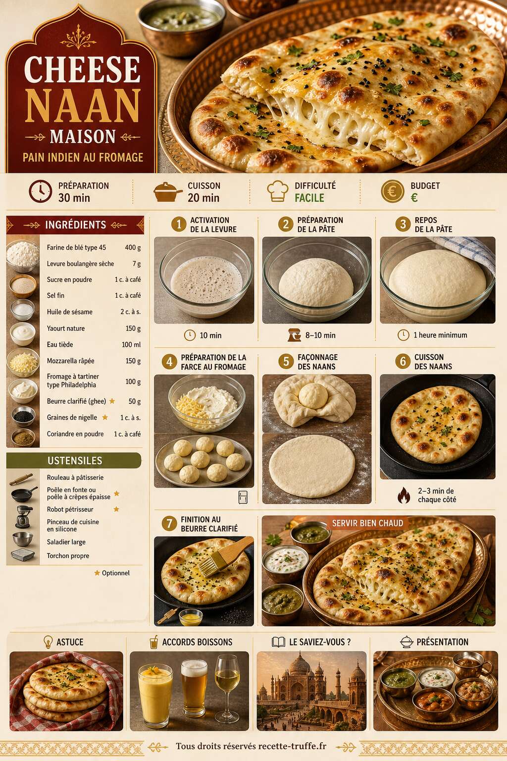 Fiche recette Recette de cheese naan maison : pain indien au fromage
