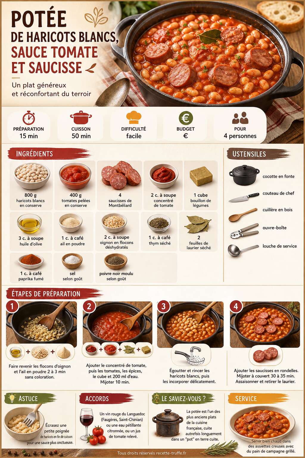 Fiche recette Pot&eacute;e de haricots blancs, sauce tomate et saucisse : recette savoureuse
