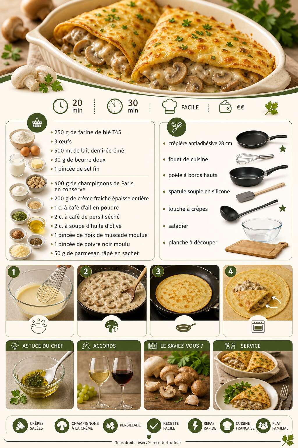 Fiche recette Crêpes champignons à la crème et persillade express Fiche recette Crêpes champignons à la crème et persillade express