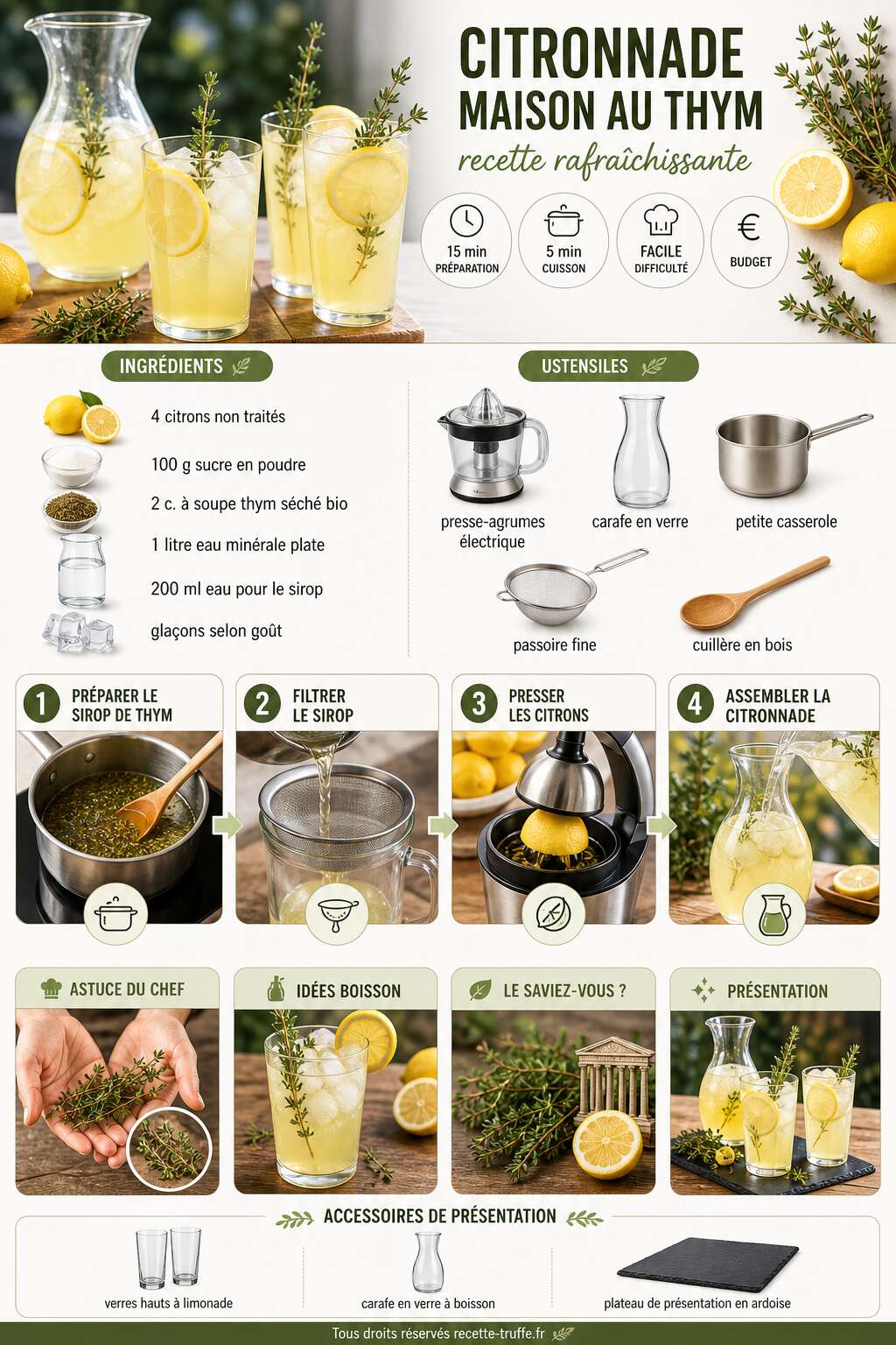 Fiche recette Citronnade maison au thym : recette rafra&icirc;chissante