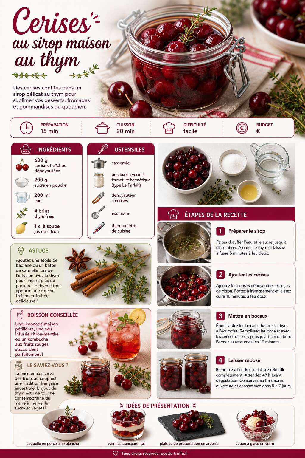 Fiche recette Cerises au sirop maison au thym : recette facile et savoureuse