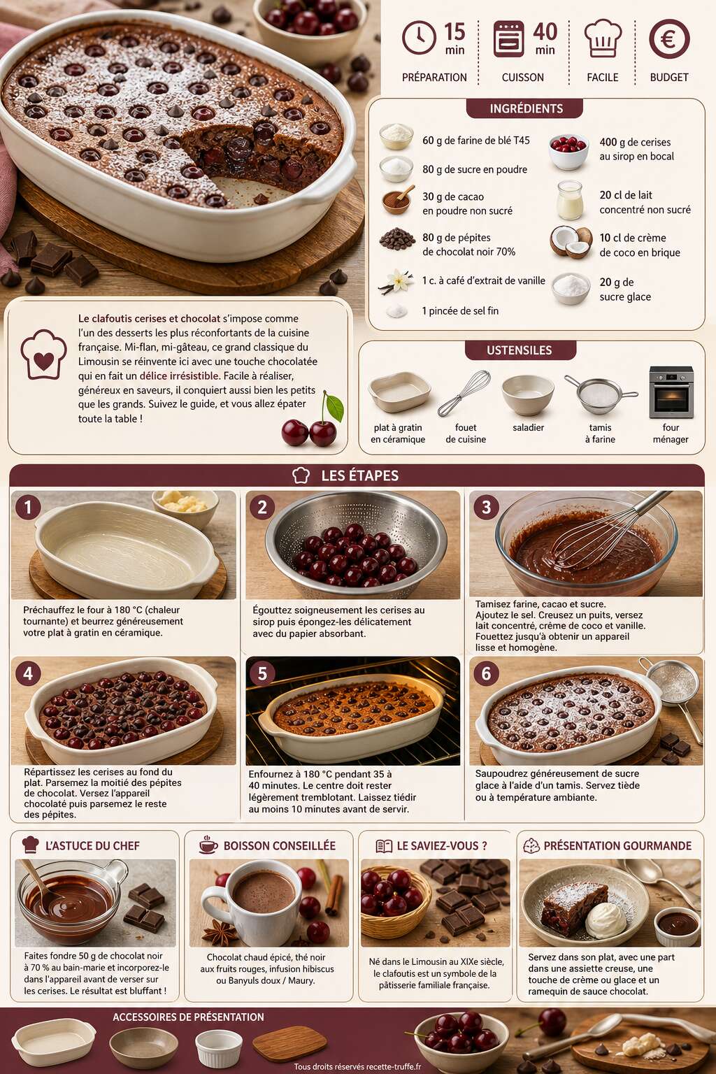 Fiche recette Clafoutis cerises et chocolat : d&eacute;lice gourmand