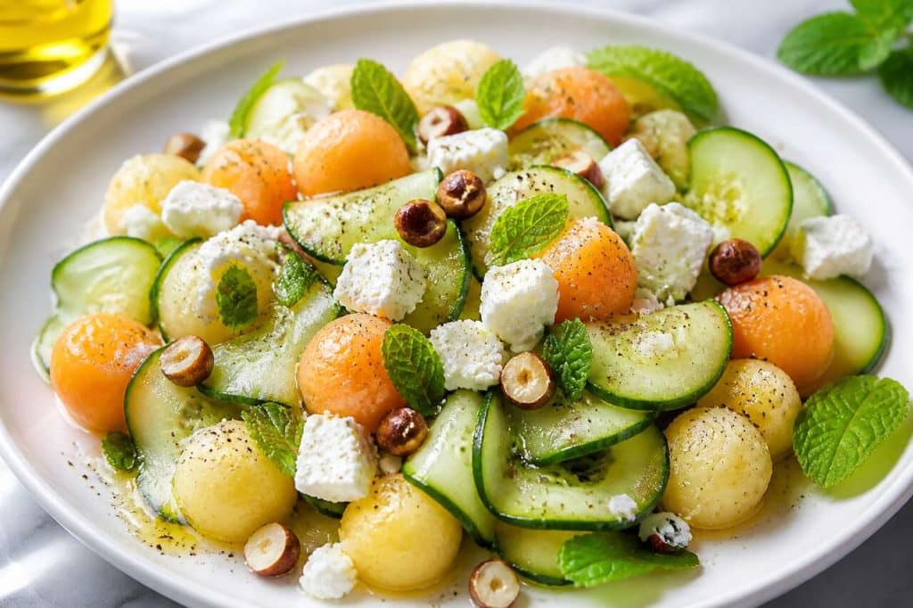 Salade de concombre, feta, melon et noisettes : recette fraîche et estivale