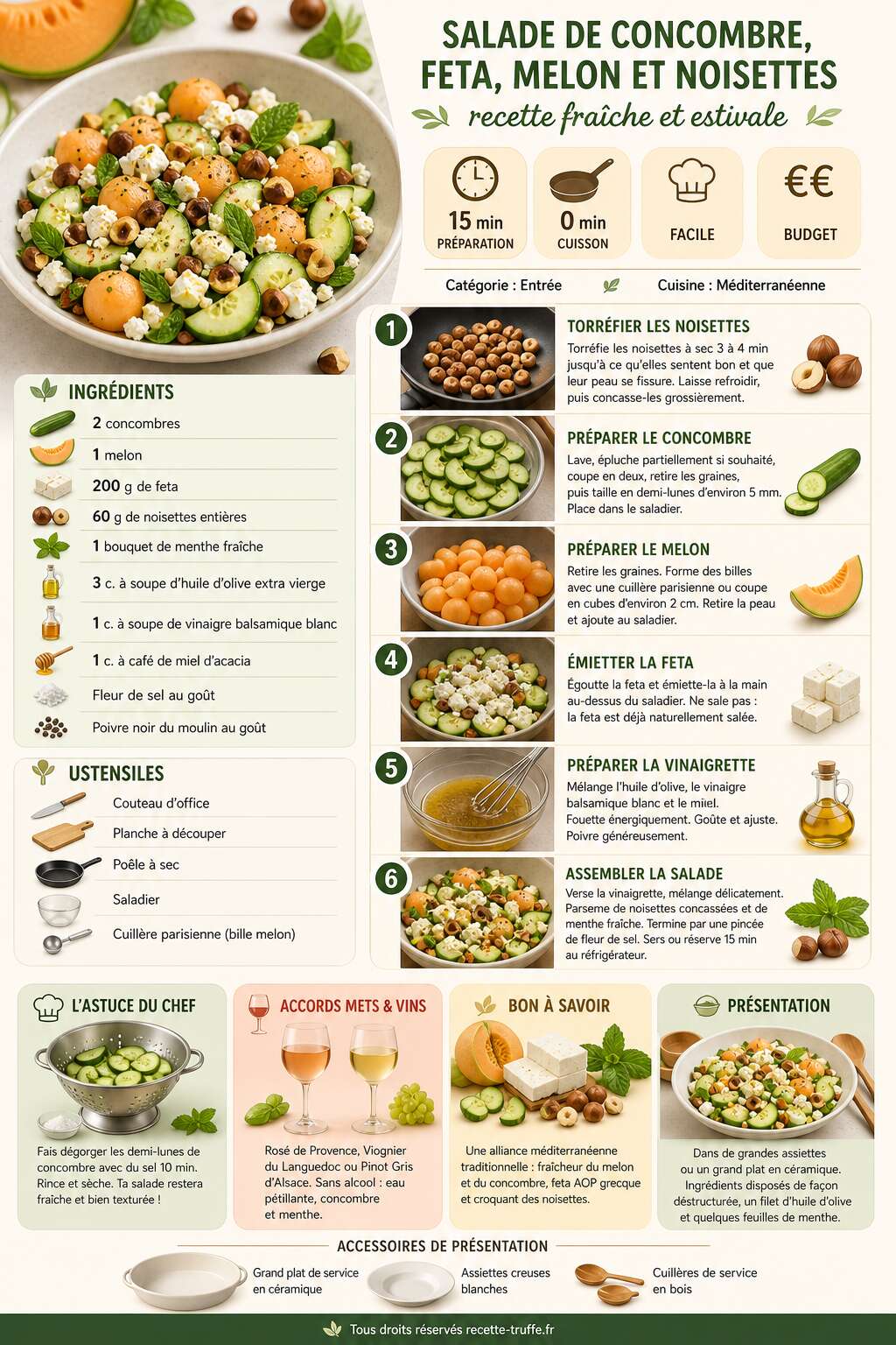 Fiche recette Salade de concombre, feta, melon et noisettes : recette fraîche et estivale Fiche recette Salade de concombre, feta, melon et noisettes : recette fraîche et estivale
