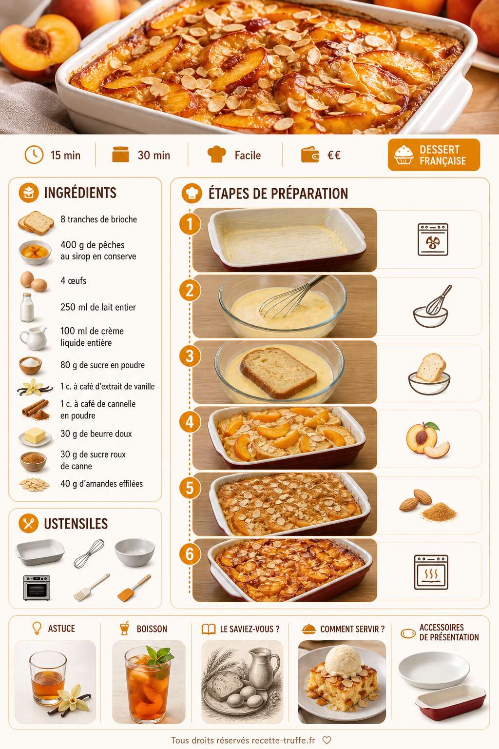 Fiche recette Brioche perdue au four à la pêche : recette gourmande Fiche recette Brioche perdue au four à la pêche : recette gourmande