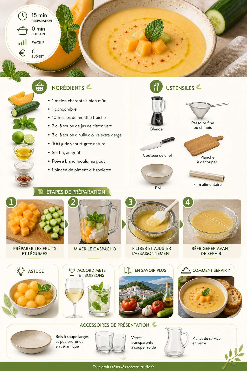 Fiche recette Gaspacho melon, concombre et menthe : une recette fraîche et estivale Fiche recette Gaspacho melon, concombre et menthe : une recette fraîche et estivale