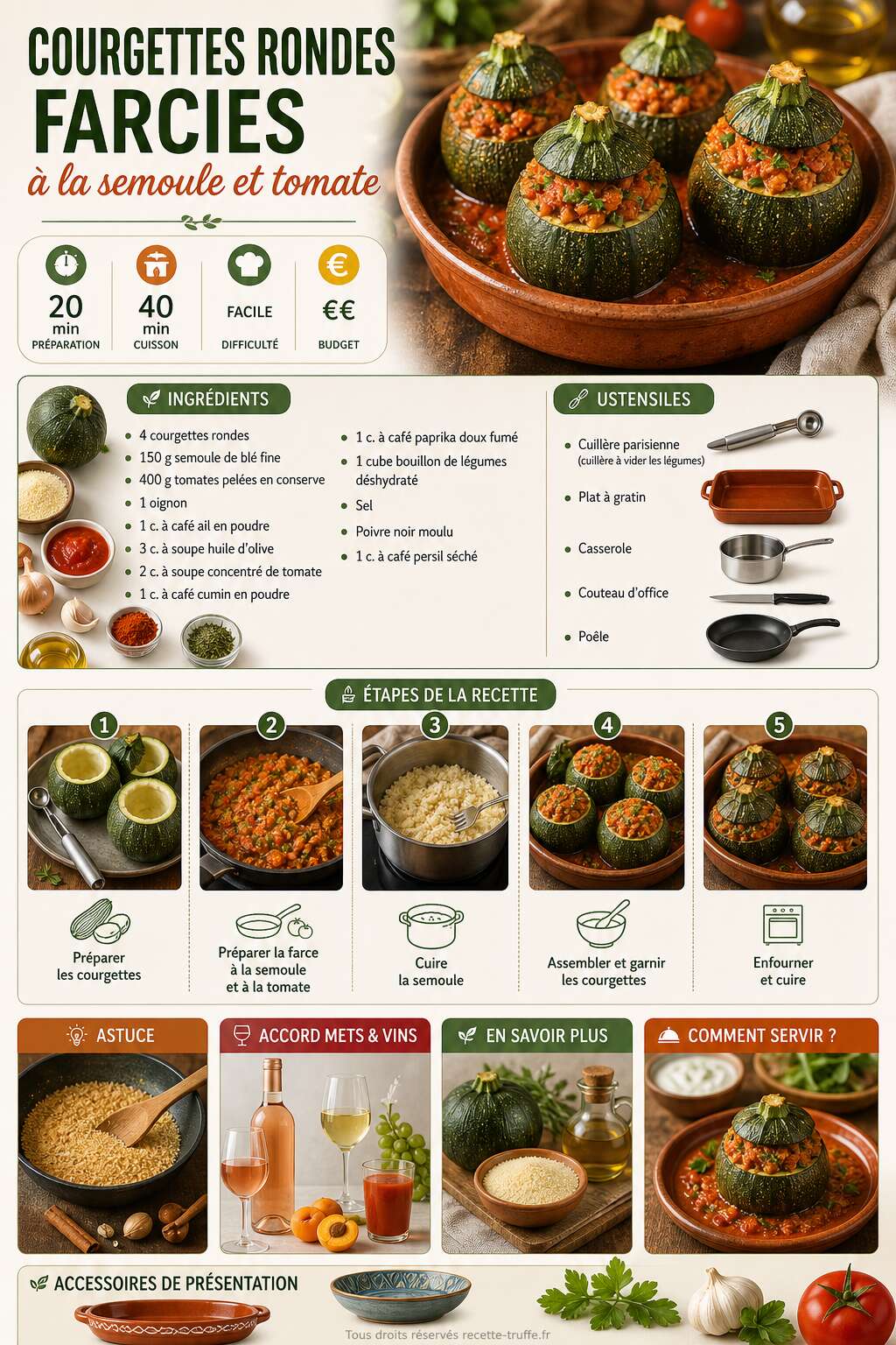Fiche recette Courgettes rondes farcies à la semoule et tomate : la recette savoureuse Fiche recette Courgettes rondes farcies à la semoule et tomate : la recette savoureuse
