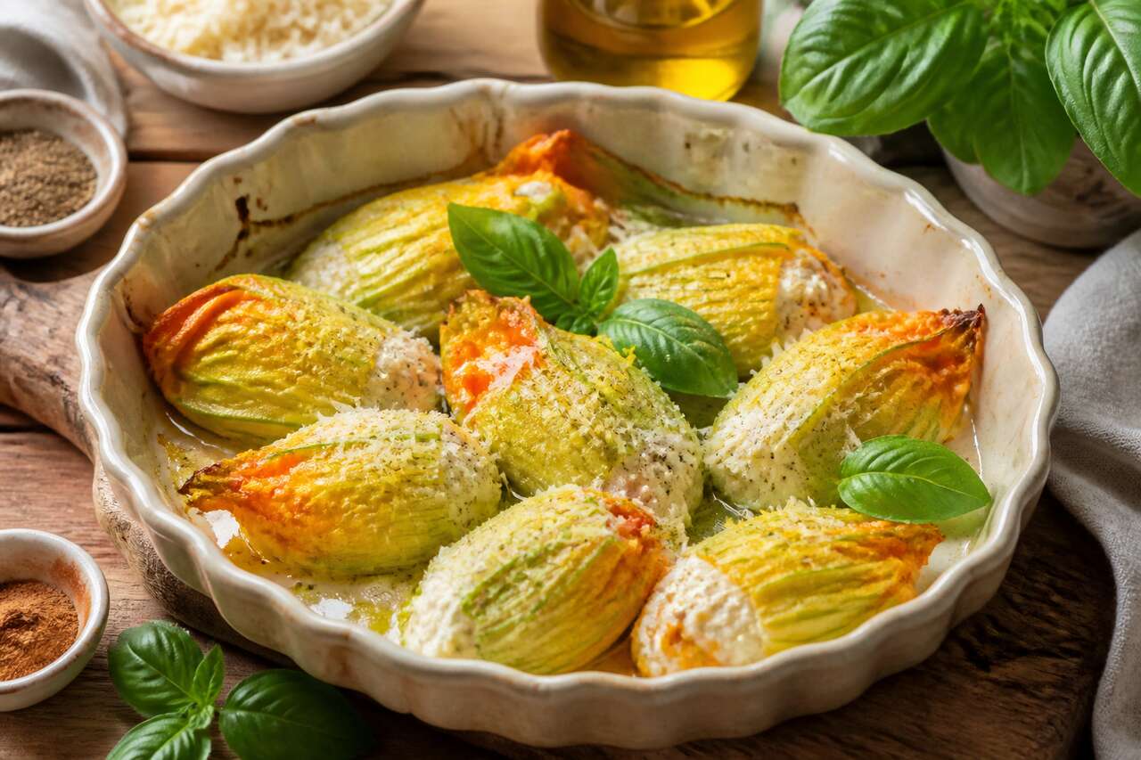 Fleurs de courgettes farcies à la ricotta au four