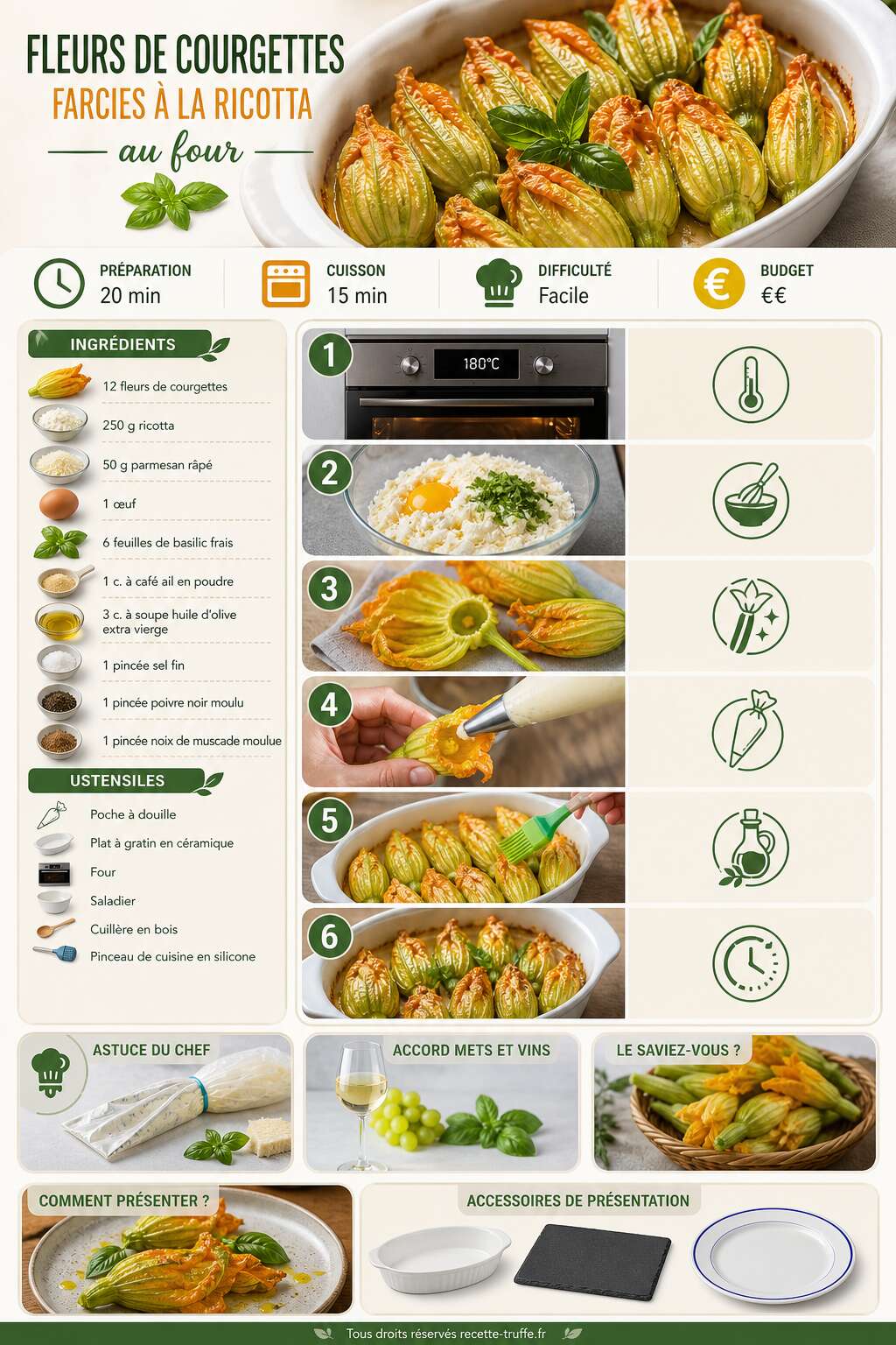 Fiche recette Fleurs de courgettes farcies à la ricotta au four Fiche recette Fleurs de courgettes farcies à la ricotta au four