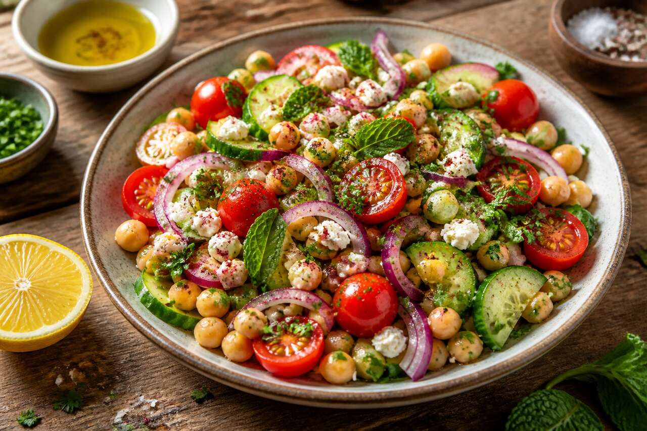 Salade de pois chiches à la tomate, concombre et feta : recette fraîche et savoureuse