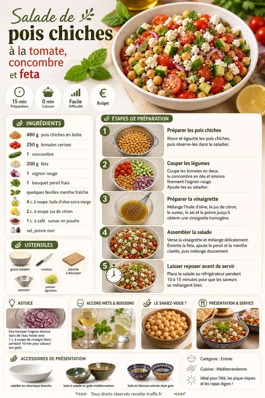Fiche recette Salade de pois chiches &agrave; la tomate, concombre et feta : recette fra&icirc;che et savoureuse