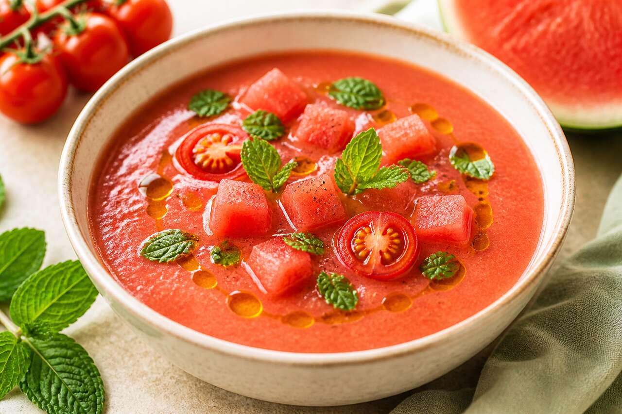 Gaspacho de pastèque, tomate et menthe : recette rafraîchissante