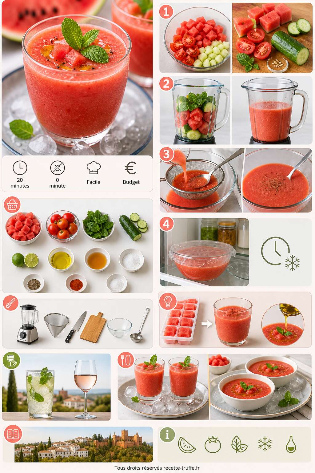Fiche recette Gaspacho de pastèque, tomate et menthe : recette rafraîchissante Fiche recette Gaspacho de pastèque, tomate et menthe : recette rafraîchissante