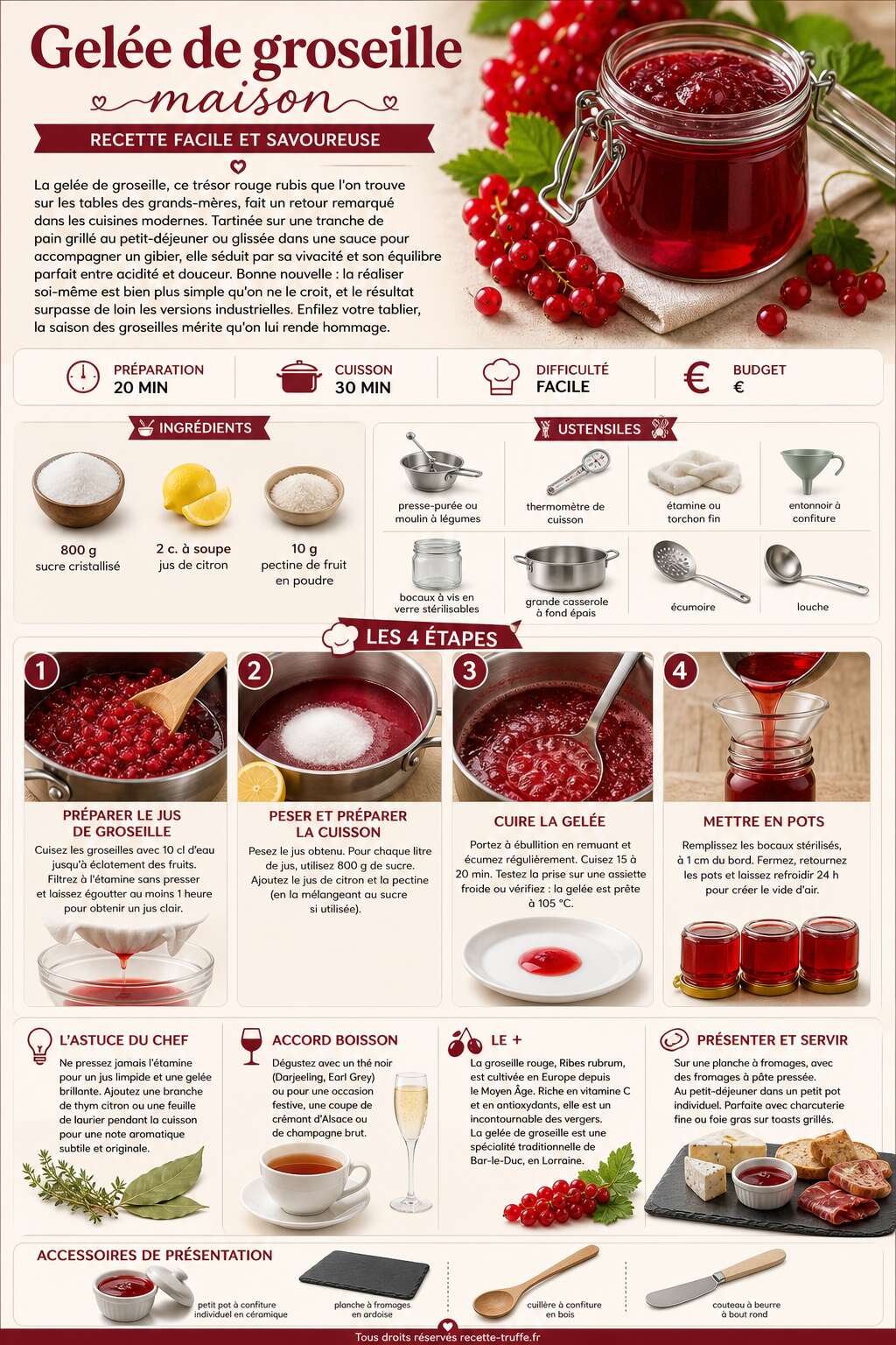 Fiche recette Gelée de groseille maison : recette facile et savoureuse Fiche recette Gelée de groseille maison : recette facile et savoureuse
