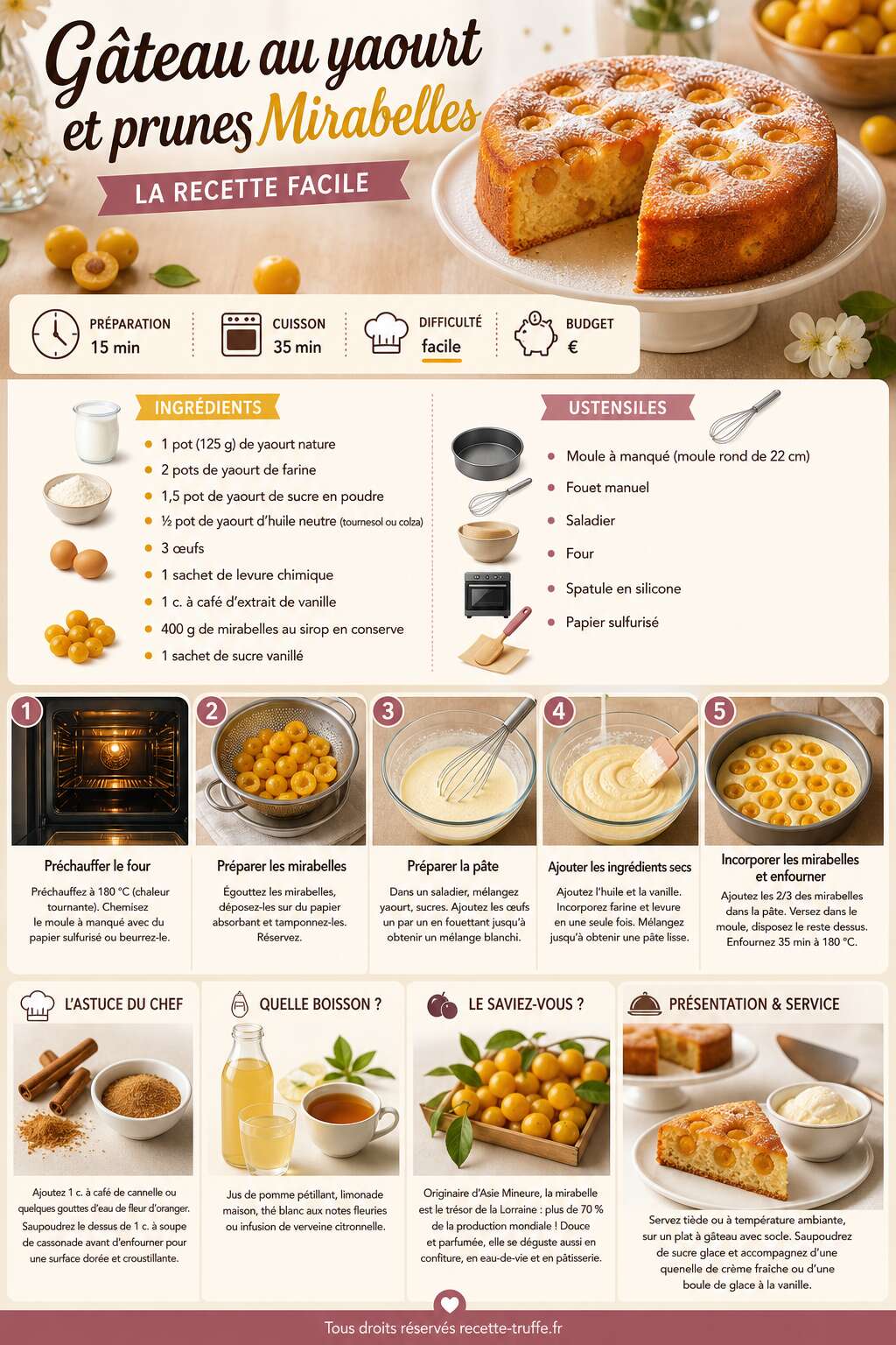 Fiche recette Gâteau au yaourt et prunes Mirabelles : la recette facile Fiche recette Gâteau au yaourt et prunes Mirabelles : la recette facile