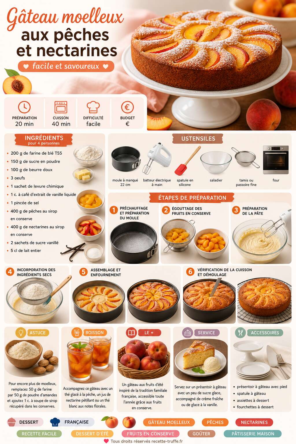 Fiche recette Gâteau moelleux aux pêches et nectarines : recette facile et savoureuse Fiche recette Gâteau moelleux aux pêches et nectarines : recette facile et savoureuse