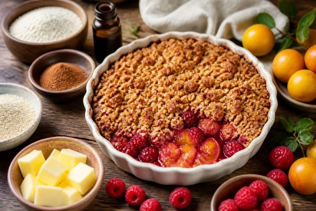 Crumble framboises et prunes Mirabelles : recette gourmande