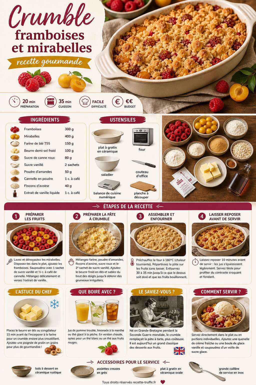 Fiche recette Crumble framboises et prunes Mirabelles : recette gourmande Fiche recette Crumble framboises et prunes Mirabelles : recette gourmande