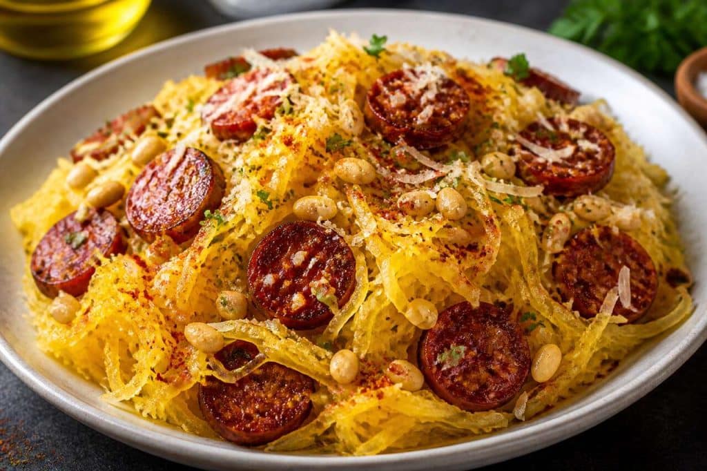 Recette de courgettes spaghetti au chorizo et pignons