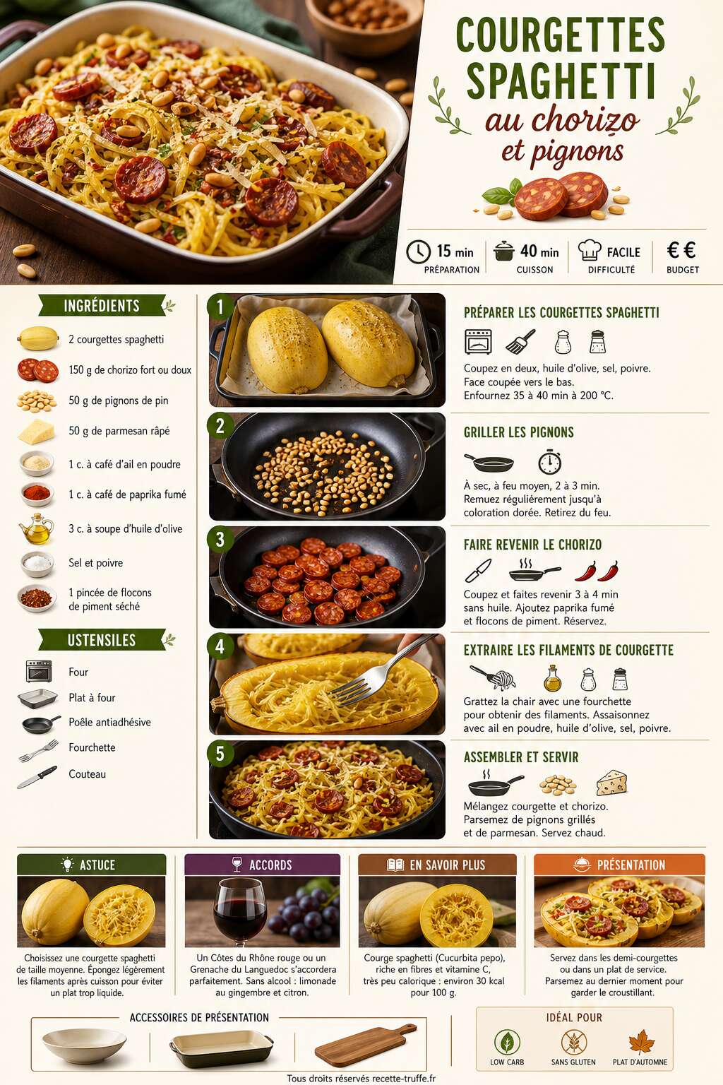 Fiche recette Recette de courgettes spaghetti au chorizo et pignons Fiche recette Recette de courgettes spaghetti au chorizo et pignons
