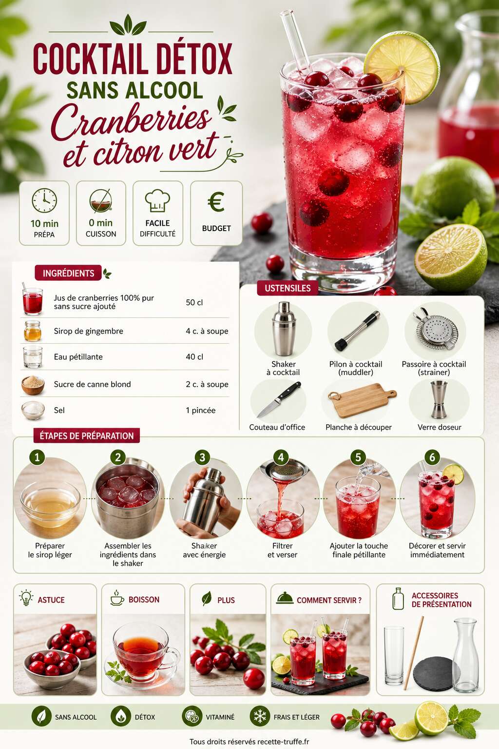 Fiche recette Cocktail détox sans alcool : cranberries et citron vert Fiche recette Cocktail détox sans alcool : cranberries et citron vert