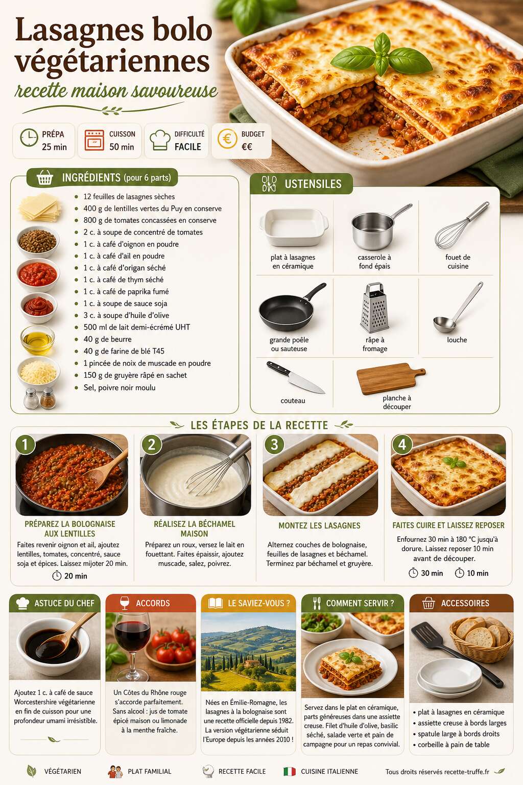 Fiche recette Lasagnes bolo végétariennes : recette maison savoureuse Fiche recette Lasagnes bolo végétariennes : recette maison savoureuse