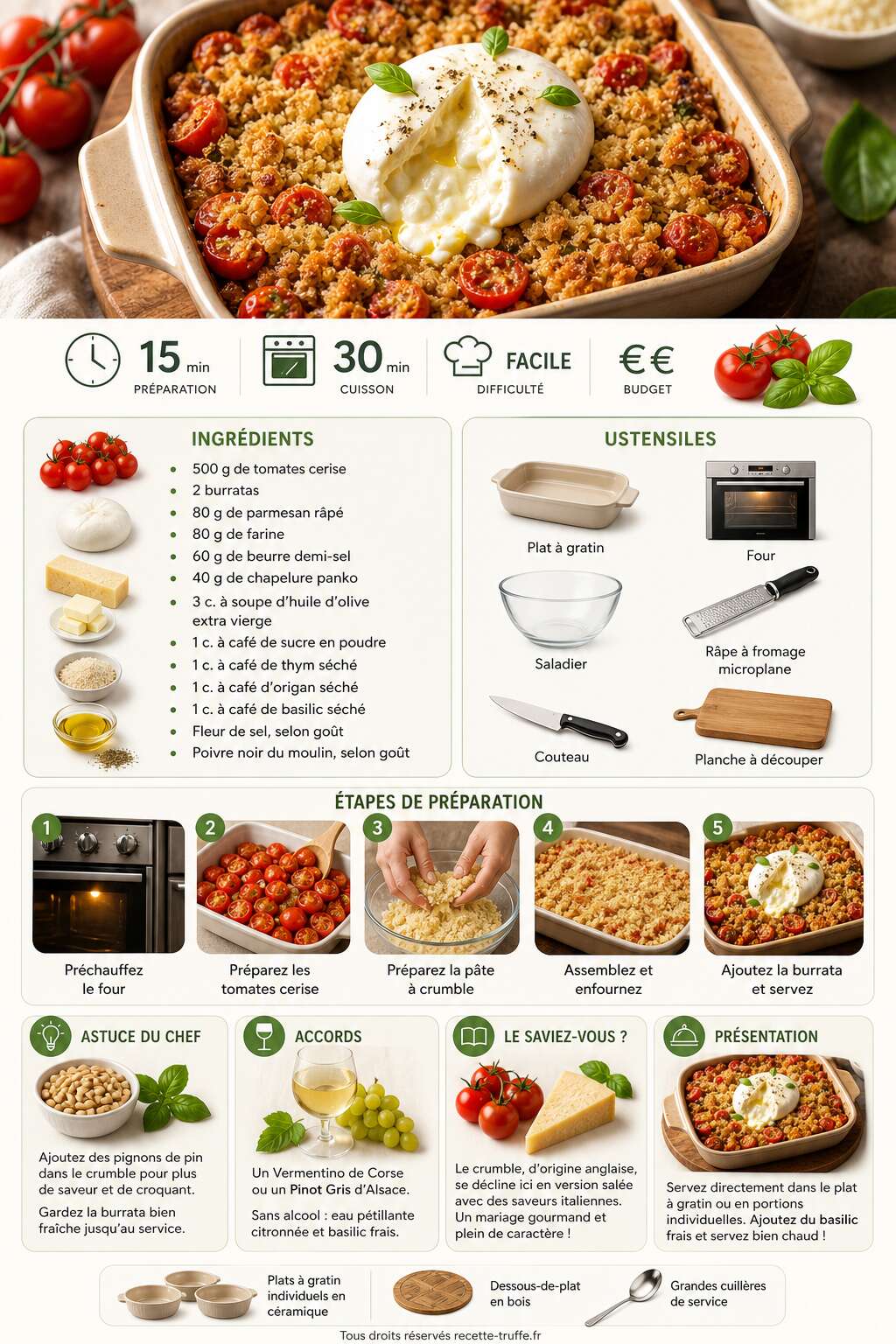 Fiche recette Crumble de tomates cerise : parmesan et burrata Fiche recette Crumble de tomates cerise : parmesan et burrata
