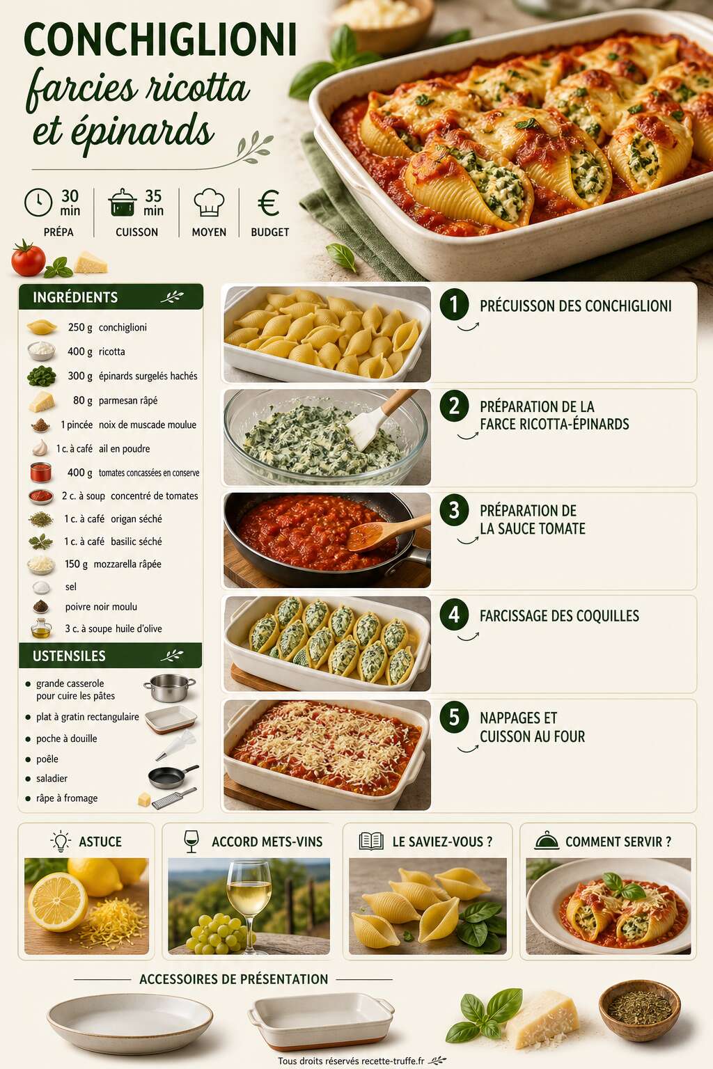 Fiche recette Recette : conchiglioni farcies ricotta et épinards Fiche recette Recette : conchiglioni farcies ricotta et épinards