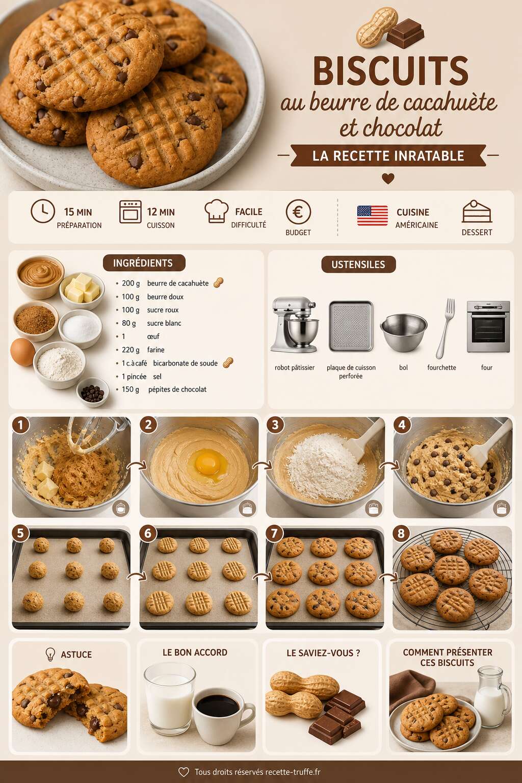 Fiche recette Biscuits au beurre de cacahu&egrave;te et chocolat : la recette inratable