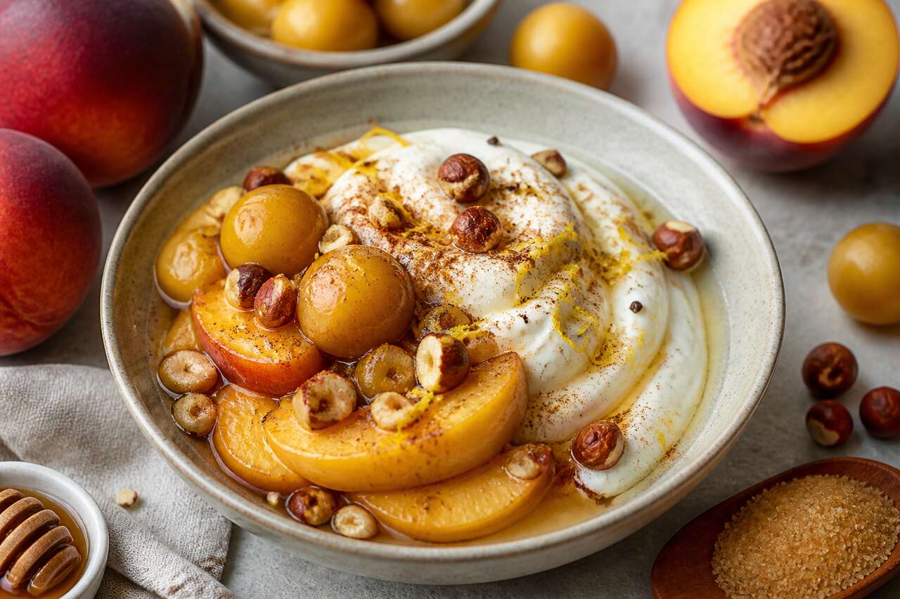 Compote de pêches et mirabelles avec yaourt grec et noisettes