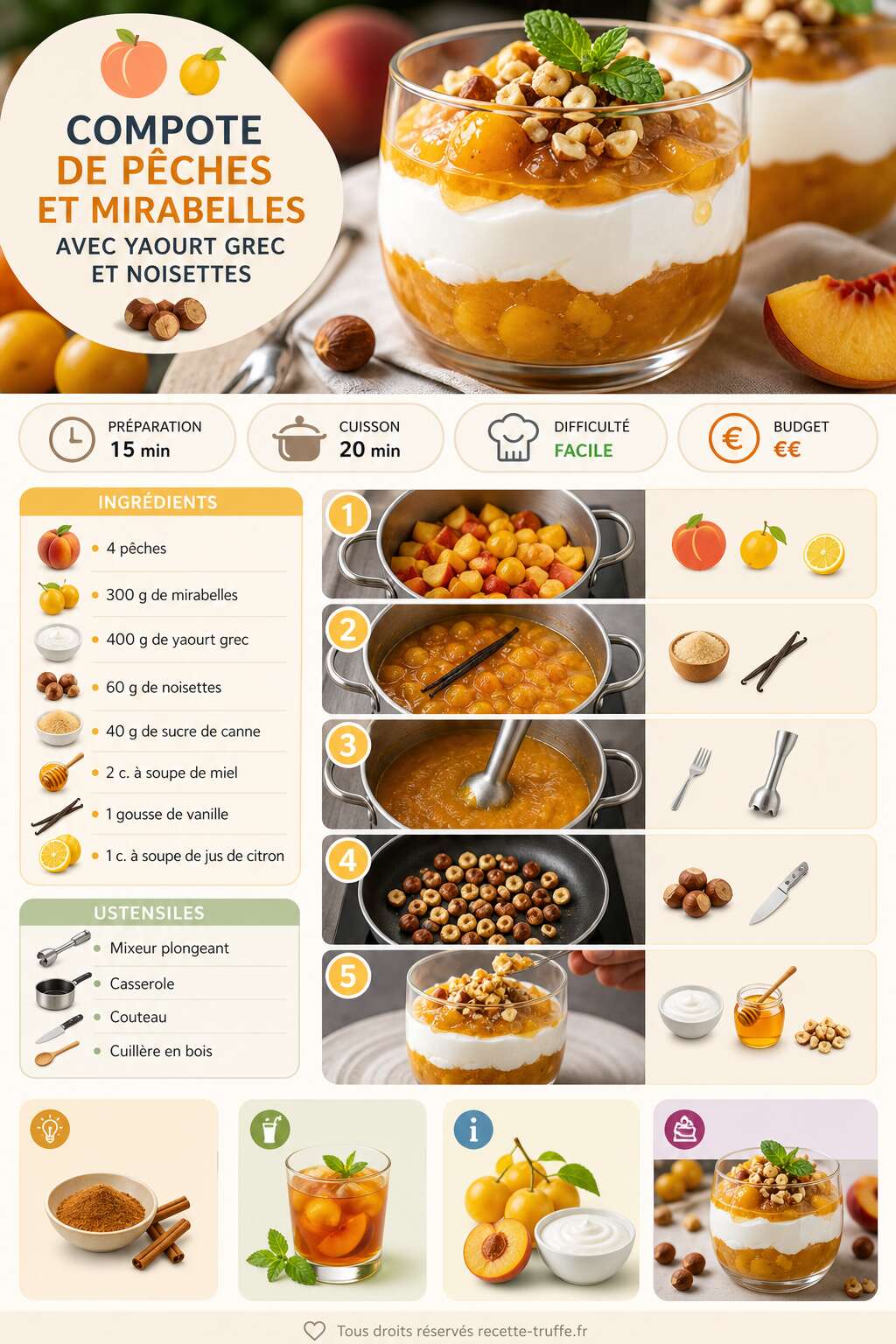 Fiche recette Compote de pêches et mirabelles avec yaourt grec et noisettes Fiche recette Compote de pêches et mirabelles avec yaourt grec et noisettes