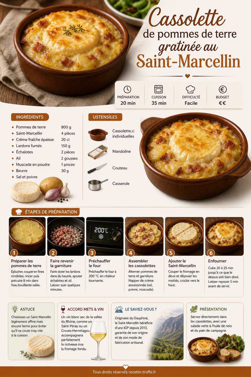 Fiche recette Cassolette de pommes de terre gratinée au Saint-Marcellin Fiche recette Cassolette de pommes de terre gratinée au Saint-Marcellin