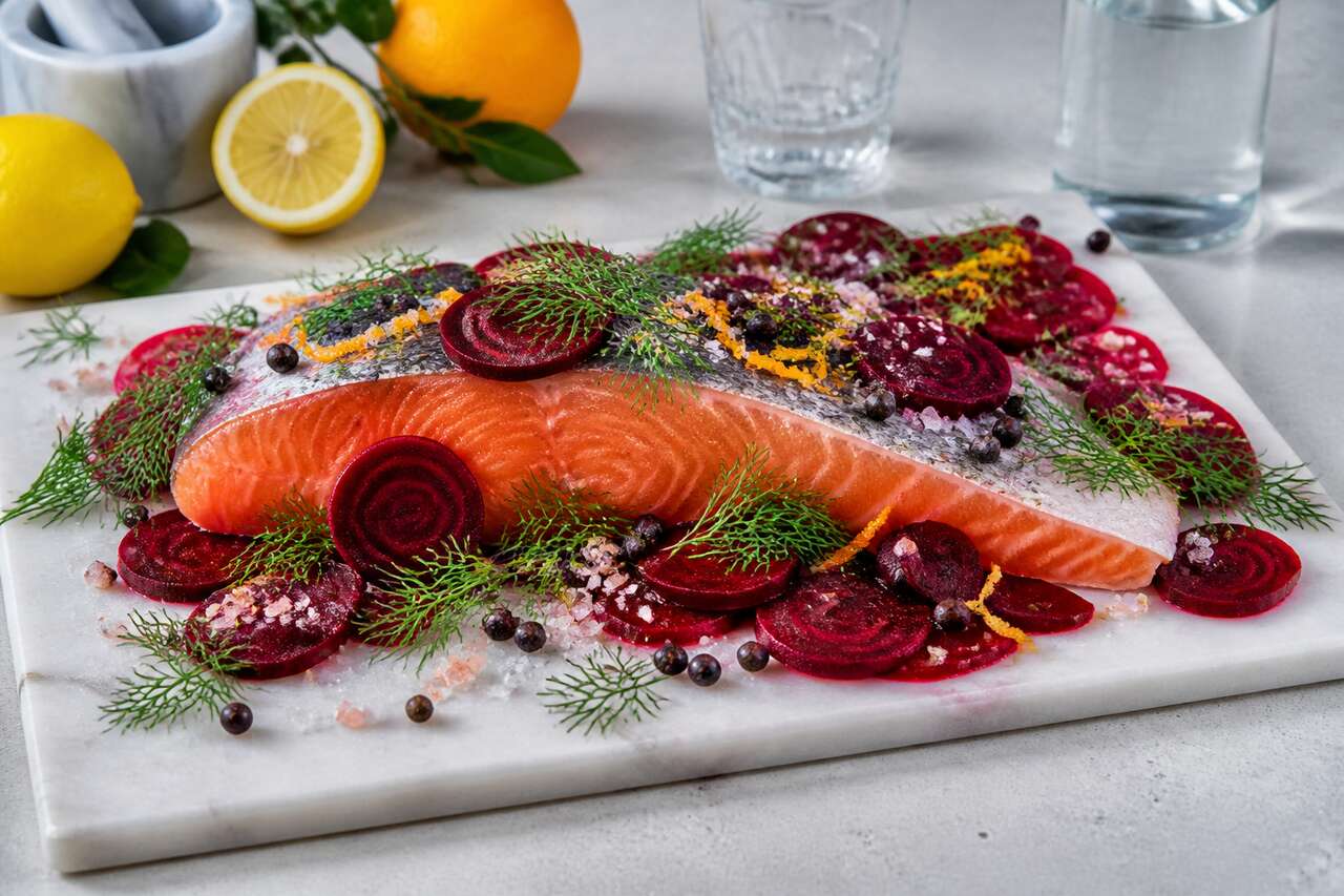 Saumon gravlax betterave, agrumes et gin : recette gourmande