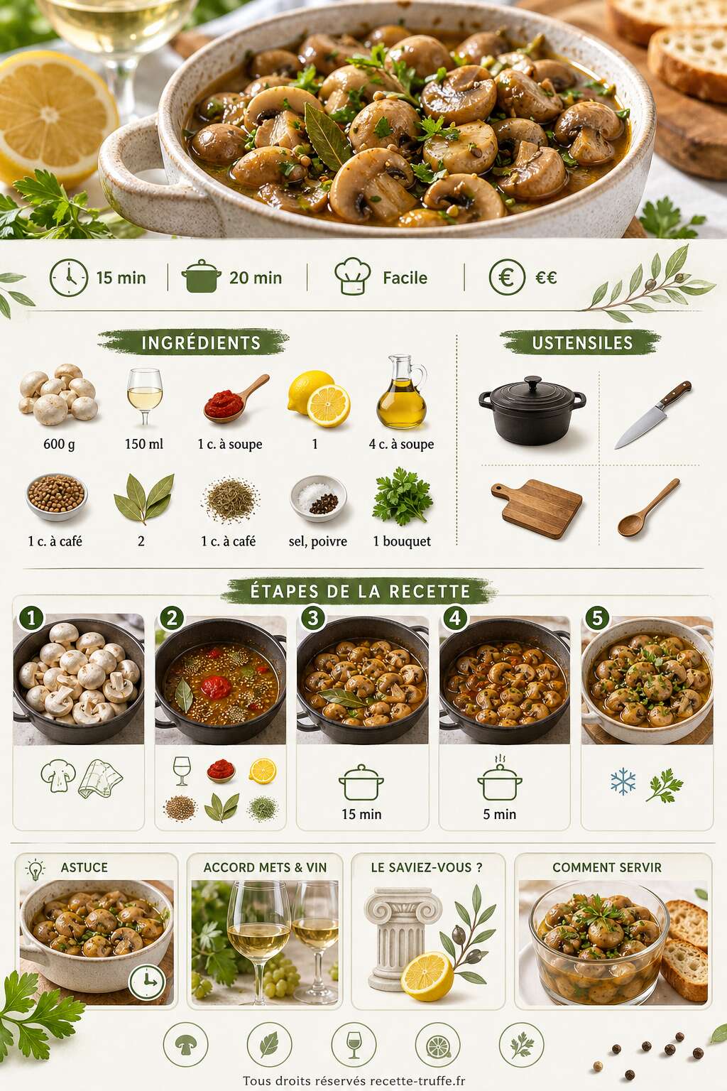 Fiche recette Champignons &agrave; la grecque : recette savoureuse