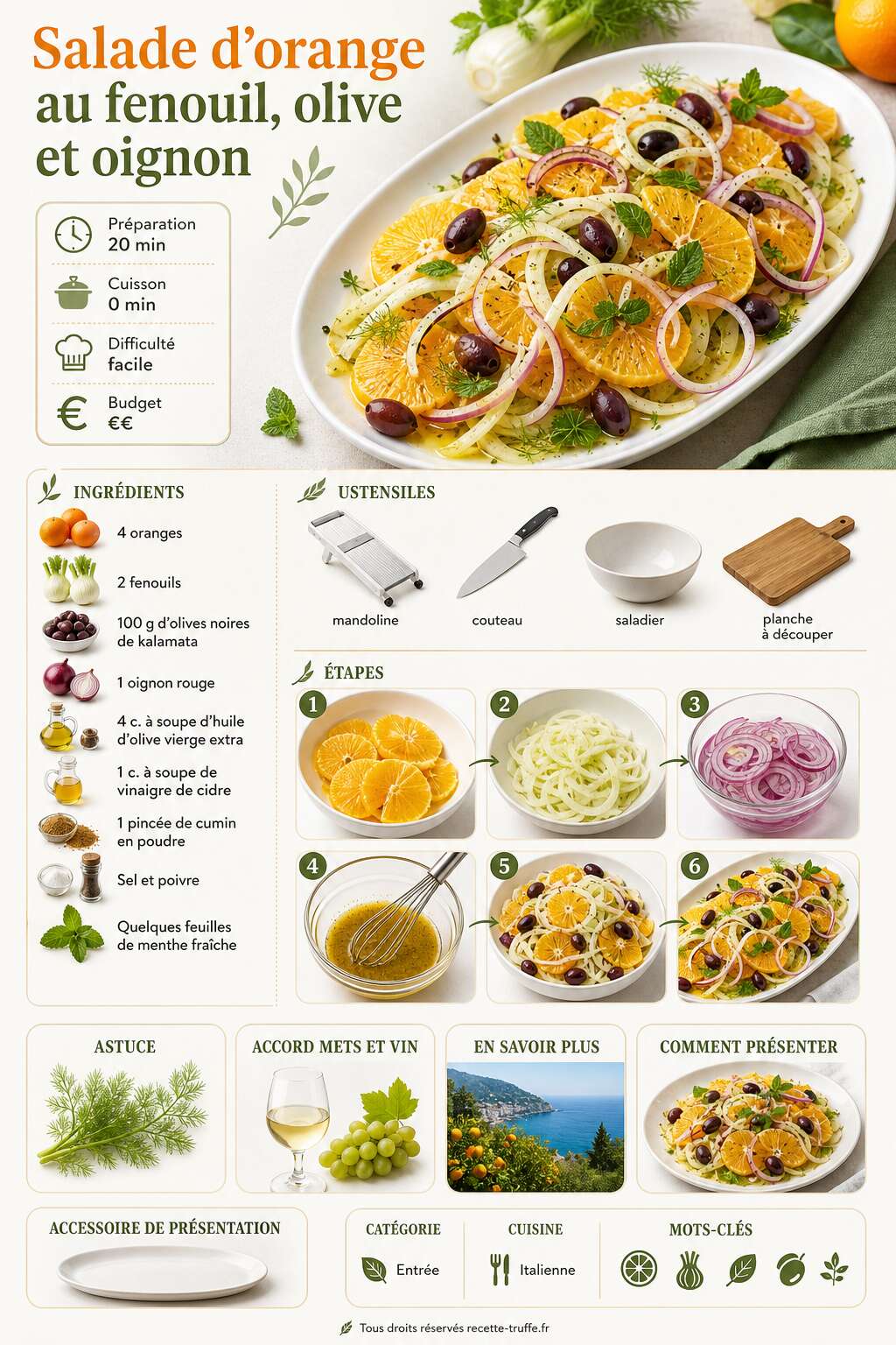 Fiche recette Salade d'orange au fenouil, olive et oignon : recette fraîche et savoureuse Fiche recette Salade d'orange au fenouil, olive et oignon : recette fraîche et savoureuse