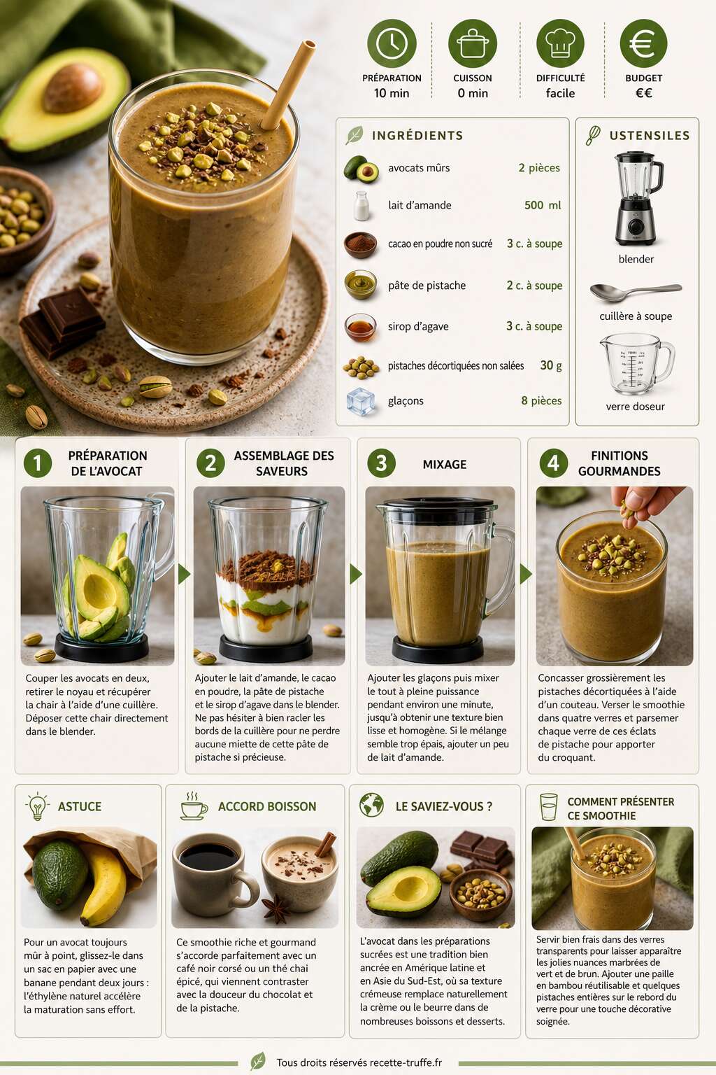 Fiche recette Smoothie avocat, chocolat et pistache : recette délicieuse Fiche recette Smoothie avocat, chocolat et pistache : recette délicieuse