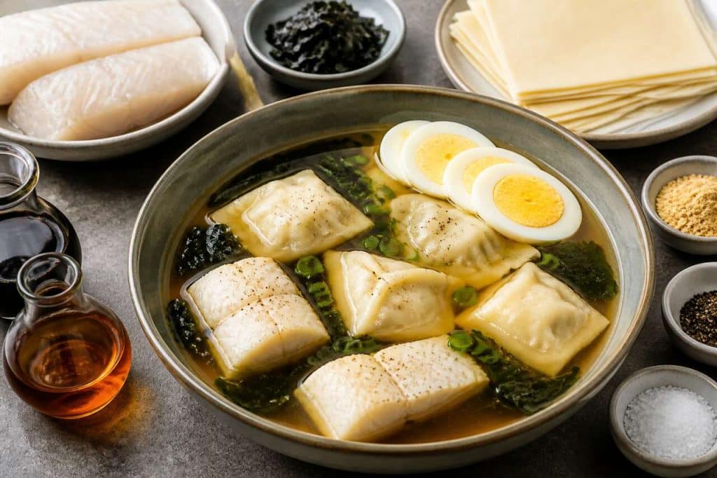 Bouillon de légumes : ravioles et poisson maison