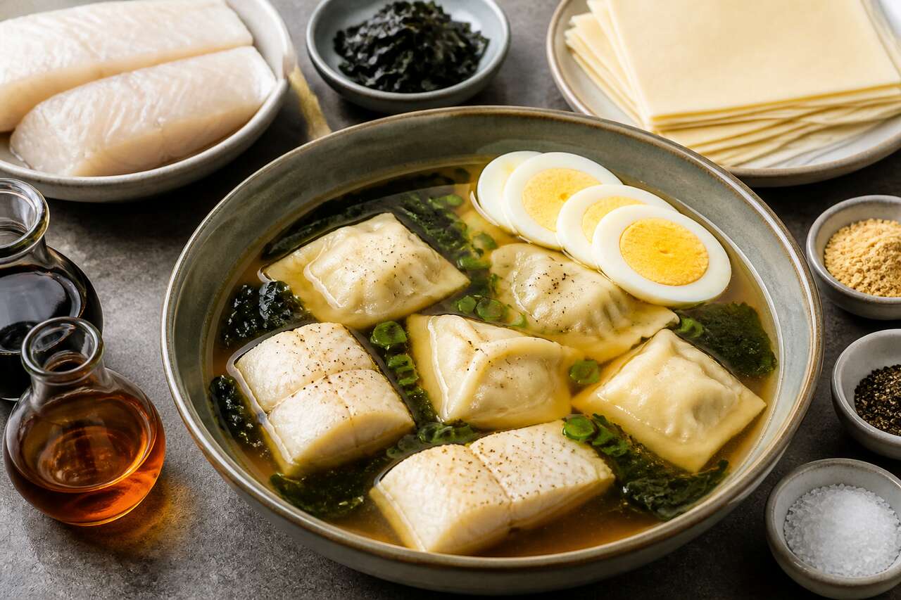 Bouillon de légumes : ravioles et poisson maison