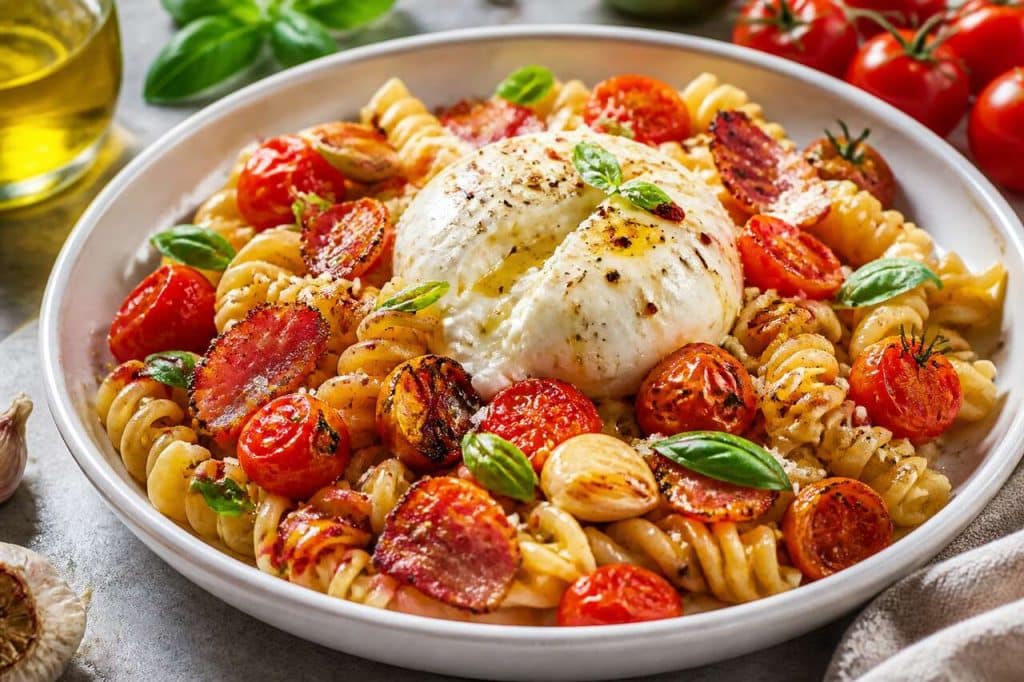 Pâtes aux tomates rôties, pancetta grillée et burrata