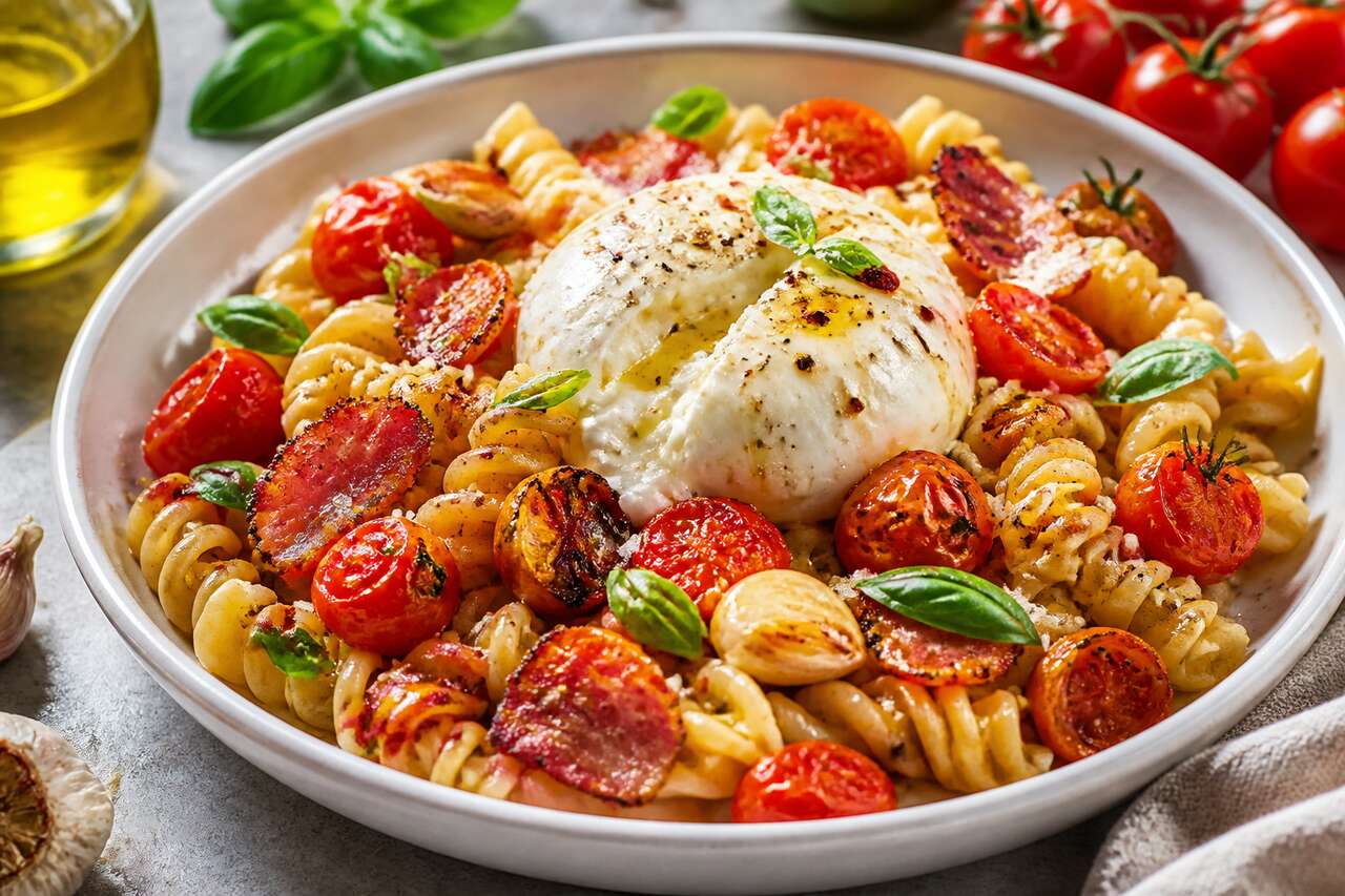 Pâtes aux tomates rôties, pancetta grillée et burrata