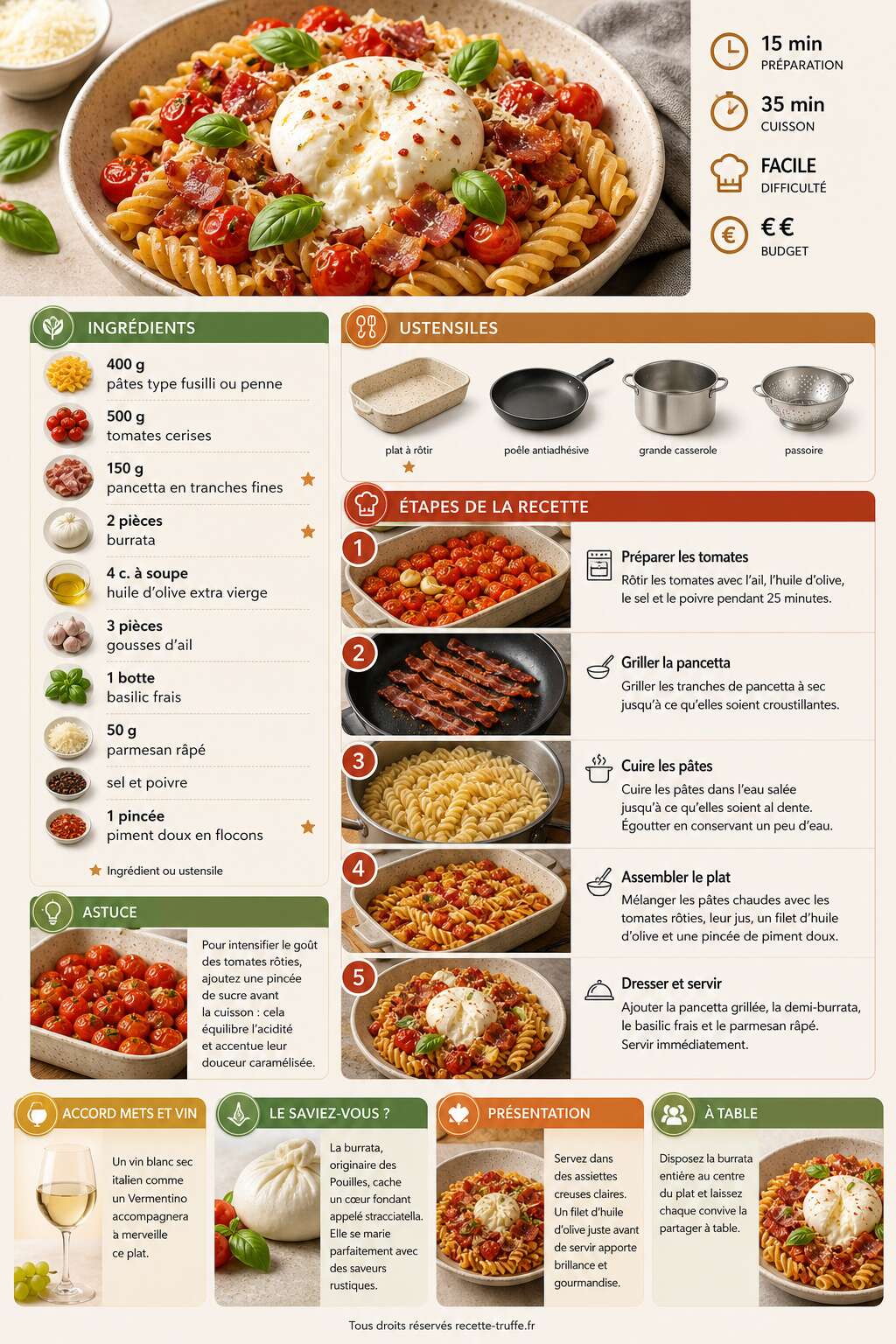 Fiche recette P&acirc;tes aux tomates r&ocirc;ties, pancetta grill&eacute;e et burrata