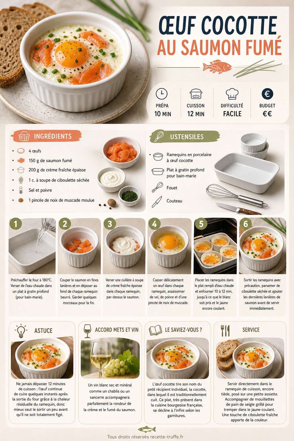 Fiche recette Oeuf cocotte au saumon fum&eacute; : recette savoureuse et facile