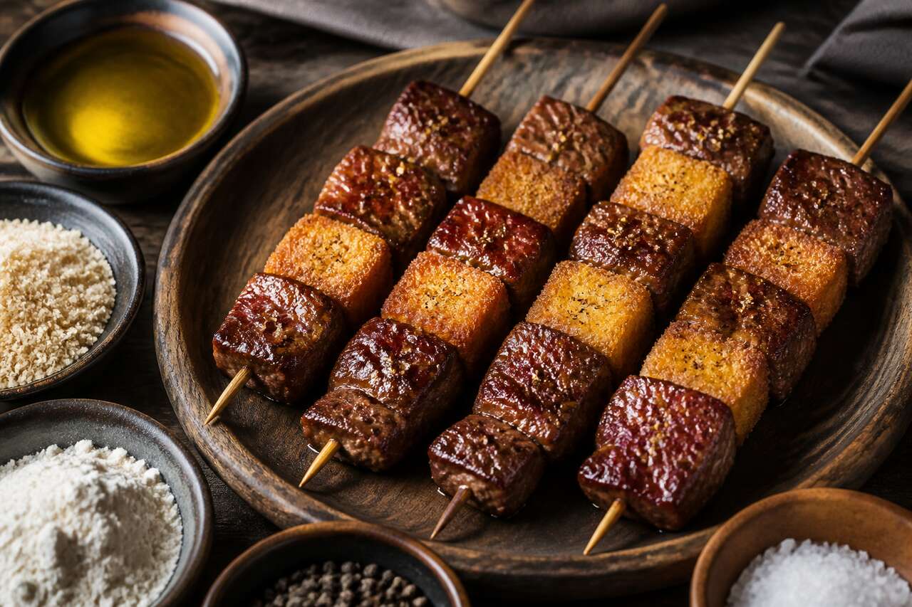 Brochette de canard mariné et fromage pané : recette savoureuse