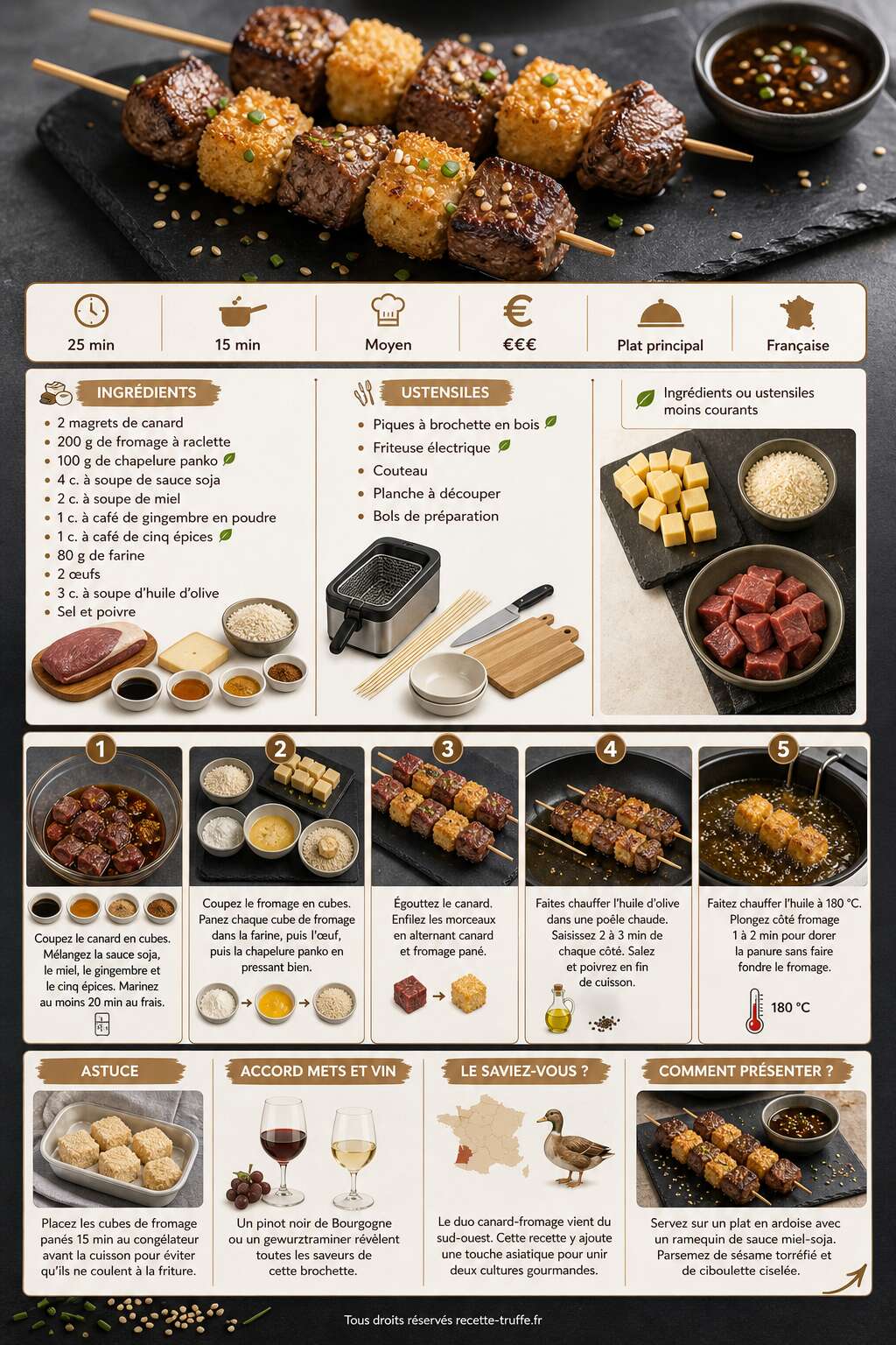 Fiche recette Brochette de canard mariné et fromage pané : recette savoureuse Fiche recette Brochette de canard mariné et fromage pané : recette savoureuse