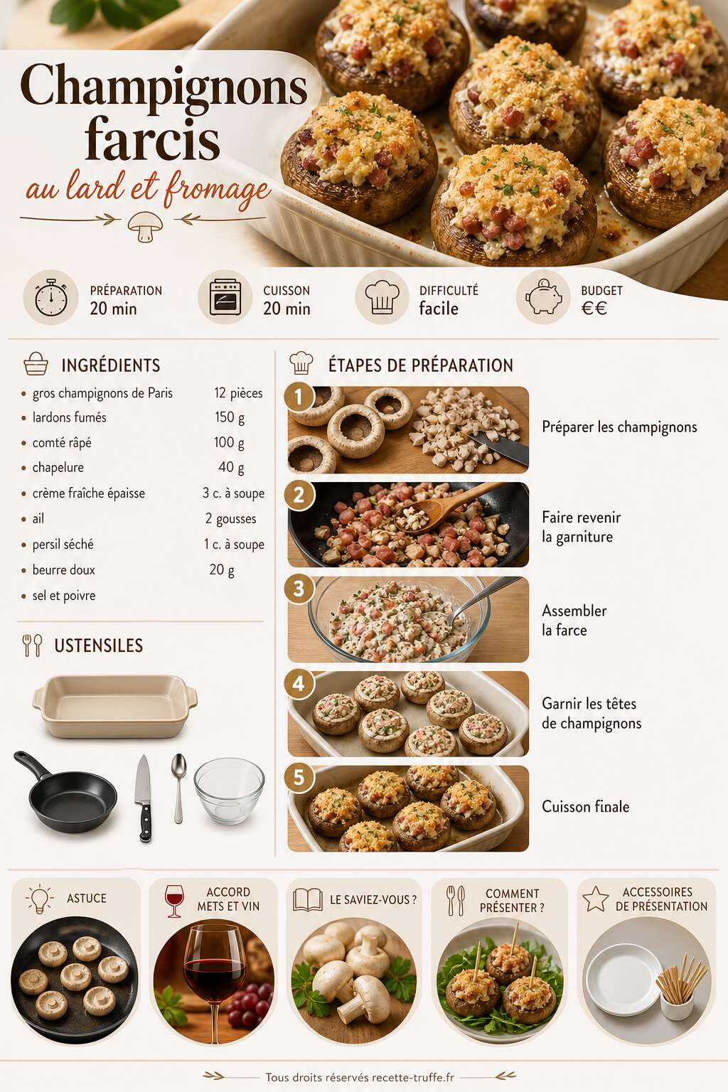 Fiche recette Champignons farcis au lard et fromage - recette savoureuse