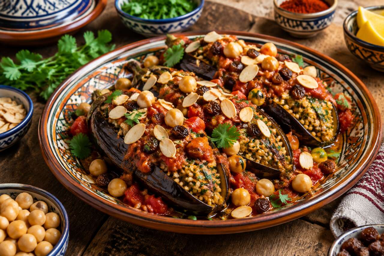 Aubergines farcies : recette au chermoula et boulgour