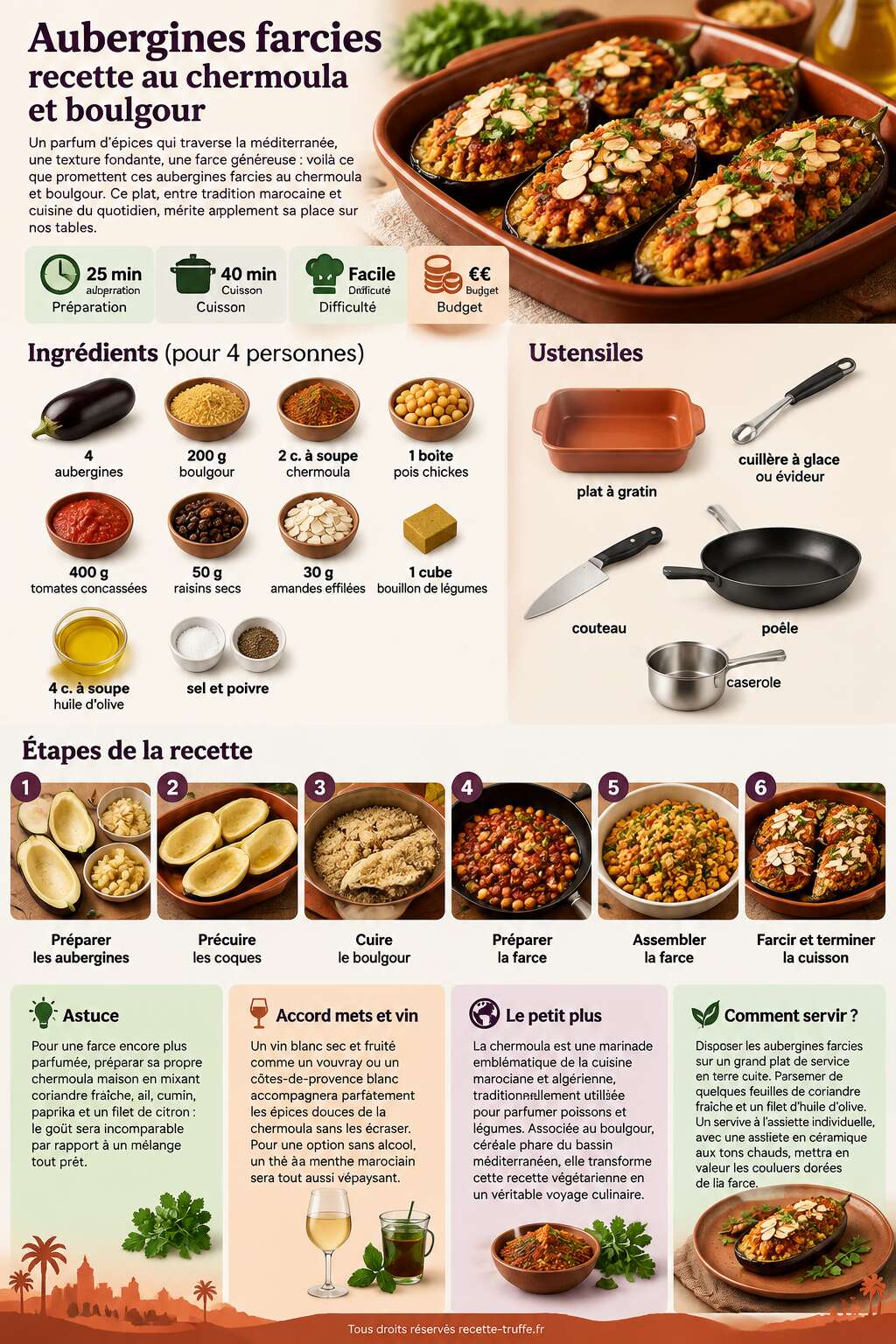 Fiche recette Aubergines farcies : recette au chermoula et boulgour Fiche recette Aubergines farcies : recette au chermoula et boulgour