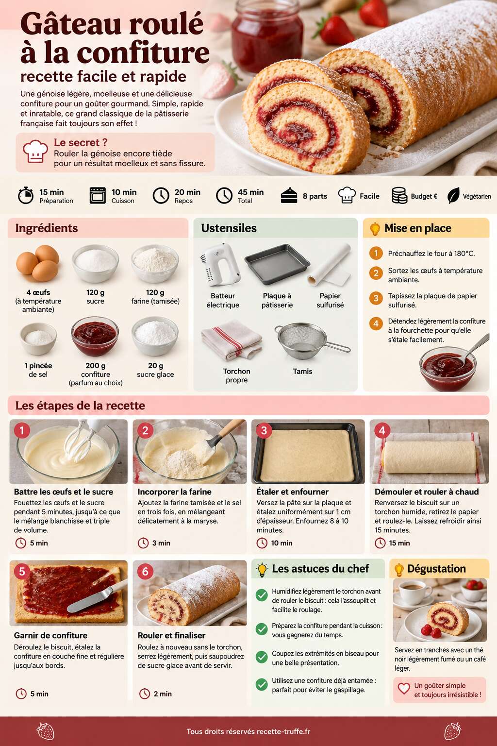 Fiche recette Gâteau roulé à la confiture : recette facile et rapide Fiche recette Gâteau roulé à la confiture : recette facile et rapide