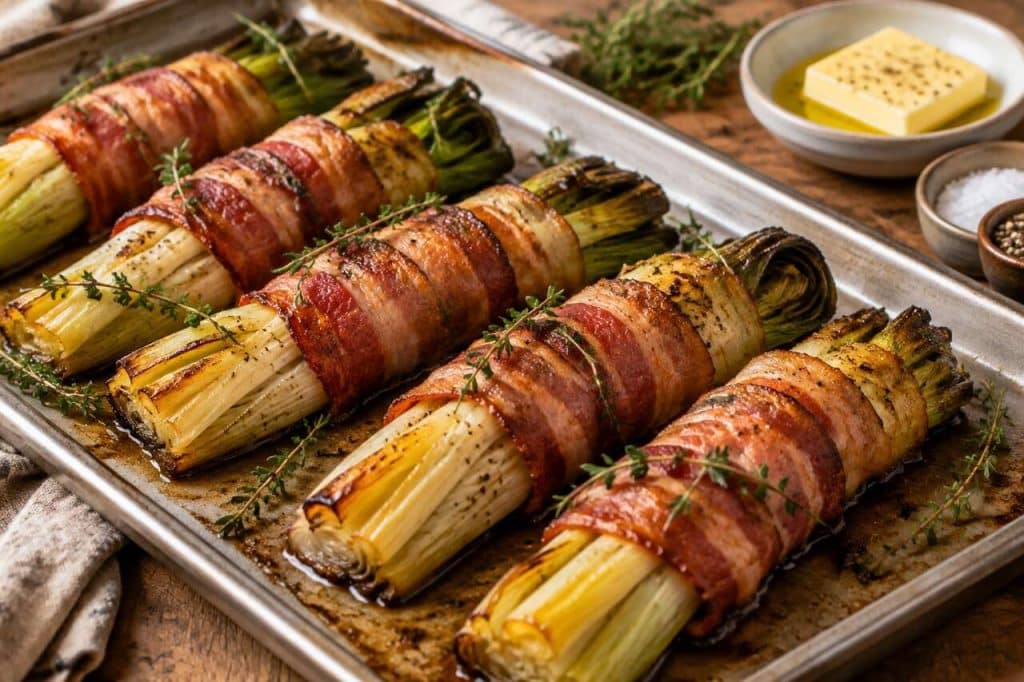 Poireaux au four enveloppés de lard : recette savoureuse et facile